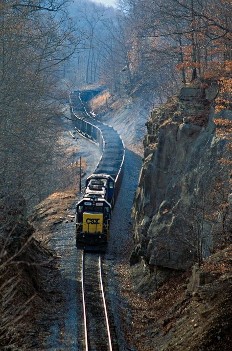 West Virginia Railroads. Two SD60s lead a unit coal train upgrade near Frenchton, West Virginia, and through a large rock cut. Photo by melvinnicholson. Source Flickr.com Coal Train, Csx Transportation, Old Steam Train, Train Crash, Train Whistle, Train Adventure, Steam Engine Trains, Rail Transport, Subway Train