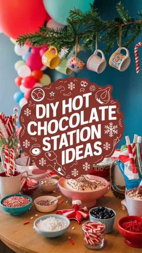 A bright and colorful DIY hot chocolate station with mugs, sprinkles, candy canes, and various toppings arranged on a wooden table. Festive elements like hanging mugs, holiday greenery, and balloons add a playful touch. Overlay text reads: "DIY Hot Chocolate Station Ideas. Cookies And Hot Cocoa Party, Hot Cocoa Baby Shower Ideas, Hot Cocoa Bar Setup, Hot Chocolate Bar Kids, Hot Chocolate Bar Toppings List, Hot Chocolate Bar Baby Shower Ideas, Cocoa Party Ideas, Hot Chocolate Bar For Kids, Easy Hot Chocolate Bar