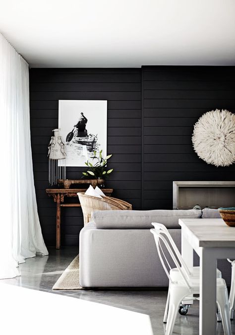 Black Shiplap Living Room - CountryLiving.com Shiplap Living Room, Interior Minimalista, White Shiplap, Coastal Living Rooms, Minimalism Interior, Decoration Inspiration, Boho Interior, Ship Lap Walls, Home Design Decor