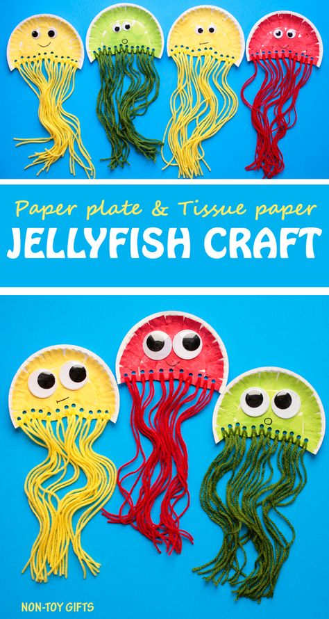 Paper plate jellyfish craft for kids. It uses tissue paper and yarn. Great ocean craft for preschoolers and kindergartners. | at Non-Toy Gifts Jellyfish Craft For Kids, Paper Plate Jellyfish, Sea Animal Crafts, Ocean Craft, Ocean Theme Crafts, Ocean Animal Crafts, Jellyfish Craft, Non Toy Gifts, Summer Crafts For Kids