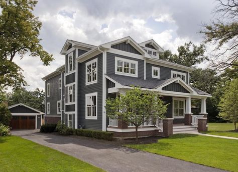 beautiful! House With White Trim, Craftsman Home Exterior, Exterior Gray Paint, White Shutters, Brick Columns, Gray House, Paint Your House, Craftsman Exterior, Pintura Exterior