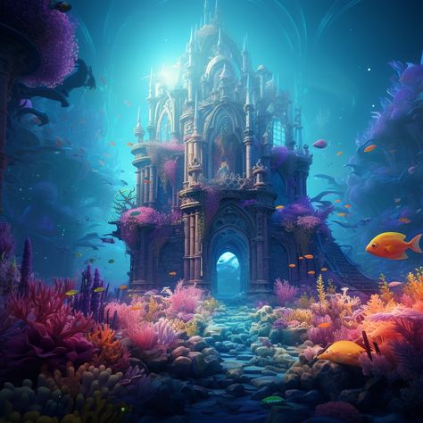 Underwater Castle Fantasy Art, Underwater Palace Fantasy Concept Art, Mermaid Castle Underwater, Mermaid House Underwater, Castle Under The Sea, Neon Underwater, Underwater Library, Underwater World Art, Sea Kingdom