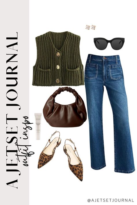 Wondering how to style a sweater vest? Look no further! This season’s favorite knit vest comes in a variety of colors and pairs perfectly with jeans, slingback flats, and oversized sunglasses. Whether you're styling a brown sweater vest with baggy jeans or layering an olive green sweater vest with fun leopard flats, these ideas will help you put together the perfect fall look. These outfits are perfect for creating a street style sweater vest outfit with a modern twist! Knit Sweater Vest Outfit, Ami Outfits, Olive Green Sweater Outfit, Ways To Style A Sweater, Style A Sweater Vest, Chunky Sweater Vest, How To Style A Sweater Vest, Cute Fall Jackets, Women's Wardrobe Essentials