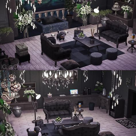 ChloeRain Treasures on Instagram: “Bougie living room on Happy Homes! I was really inspired by @hime_amanatto LV Christmas gift code to create a grey, expensive looking…” Bougie Living Room, Room Ideas Goth, Animal Crossing Living Room, Acnh Outdoor Ideas, Acnh Living Rooms Ideas, Witchy Living Room, Halloween Acnh, Acnh Rooms, Motif Acnl