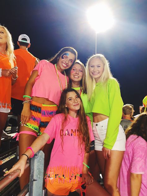 Neon Homecoming Theme Outfits, Football Game Neon Theme, Neon Outfit Ideas For Football Games, Neon School Spirit Day, Neon Football Game Outfit, Neon Fnl Theme, Neon Spirit Week, Neon Hoco Theme, Neon Student Section Outfits