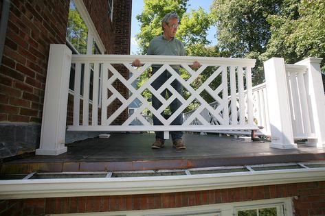 Chippendale Railing, Porch Railing Designs, Pvc Railing, Chippendale Design, Balcony Railing Design, Building A Porch, Chinese Chippendale, Porch Railing, Up All Night