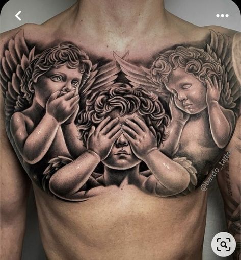 Cherub Chest Tattoo, Chest Tattoo Angel, Chest Tattoo Fonts, Shoulder Piece Tattoo, Humble Tattoo, Back Tattoos For Guys Upper, Angle Tattoo, Chest Tattoo Stencils, Full Chest Tattoos