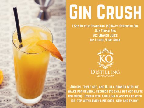 Gin Crush - - Battle Standard 142 Navy Strength Gin, Triple Sec, Orange Juice, Lemon/Lime Soda, Add gin, triple sec, and OJ in a shaker with ice. Shake for Battle Standard, Collins Glass, Lemon Lime Soda, Lime Soda, Triple Sec, Drink Up, Lemon Lime, Orange Juice, Food Print