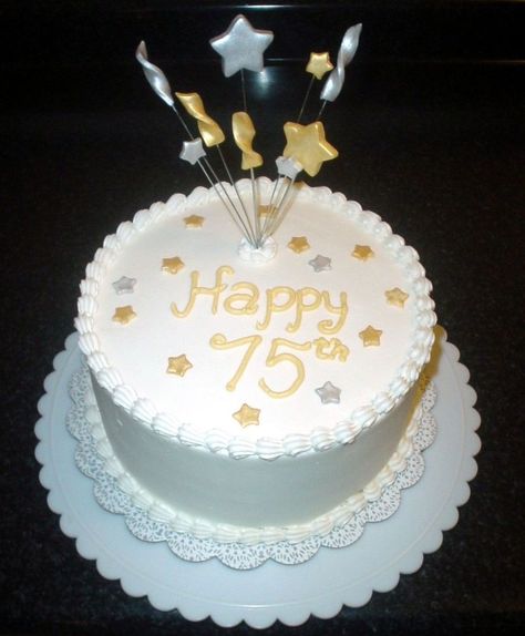 75Th Birthday Buttercream with fondant accents, for a man's birthday. Inspired by a design by ozcake. Birthday Cake For 75 Year Old Man, 75th Birthday Cake For Grandfather, 75 Birthday Cake Men, 75 Th Birthday Cake, 75th Birthday Cake Ideas, 70th Birthday Cake For Men, Buttercream Ideas, 75th Birthday Cake, Black And Gold Birthday Cake