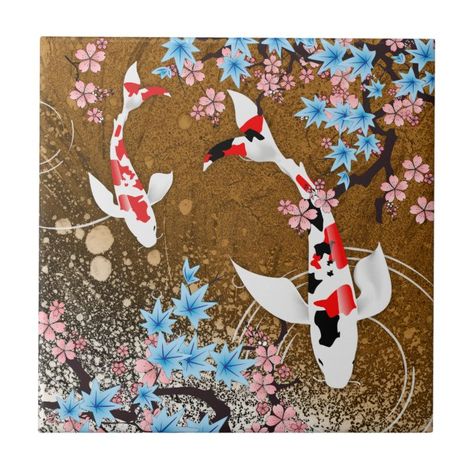 Koi Pond - wood - Japanese Design Ceramic Tile (A) - Japan gift idea Koi Mural, Japanese Koi Pond, Pond Decor, Art Deco Font, Koi Ponds, Deco Font, Japan Gifts, Pond Ideas, Japanese Art Prints