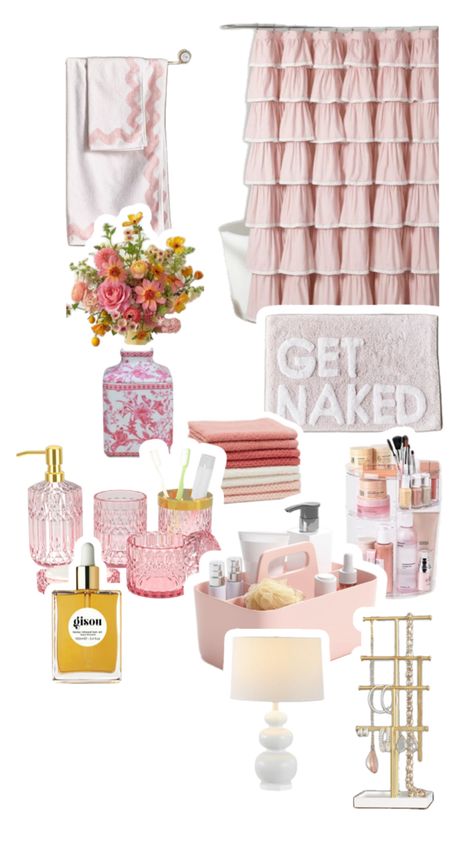 Cute Bathroom College, College Bathroom Inspiration, Girl Bathroom Ideas Apartment, Bathroom Inspo College, Pink Dorm Bathroom Ideas, College Dorm Room Bathroom Ideas, Modern Girly Bathroom, Pink And White Bathroom Aesthetic, Cute Dorm Bathrooms