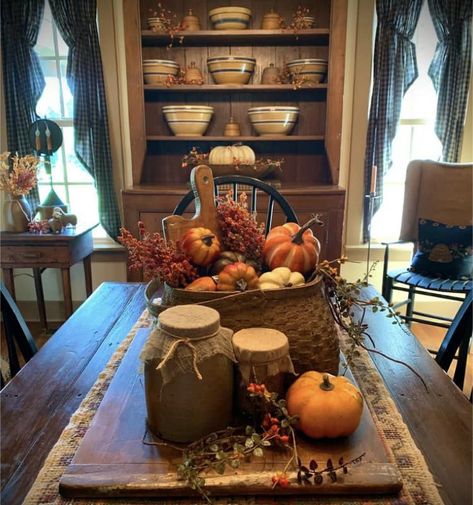 The Cottage Maven | I really like this I love the table an the cabinet ,This is by Gail Reeder Gail Reeder, Primitive Fall Decorating, Primitive Fall Decor, Colonial Home Decor, Primitive Dining Rooms, Fall Dining Room, Primative Decor, Primitive Kitchen Decor, French Country Kitchens