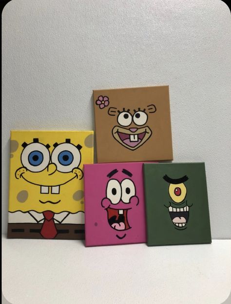 Spongebob Characters, Cartoon Paintings, Painting Ideas On Canvas Easy, Disney Canvas Art, Spongebob Painting, Kids Canvas Art, Hippie Painting, Small Canvas Paintings, Canvas Drawing