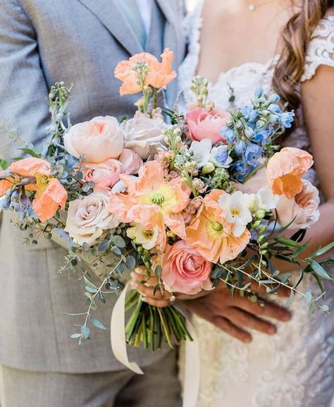 Peach Blush And Blue Wedding, Color Swatches Wedding, Peach Wildflower Wedding, Soft Peach Wedding Theme, Cascading Pastel Bridal Bouquet, Muted Colorful Wedding Flowers, Wedding Florals With Hydrangeas, Pastel Color Bouquets, Pastel Spring Wedding Colors