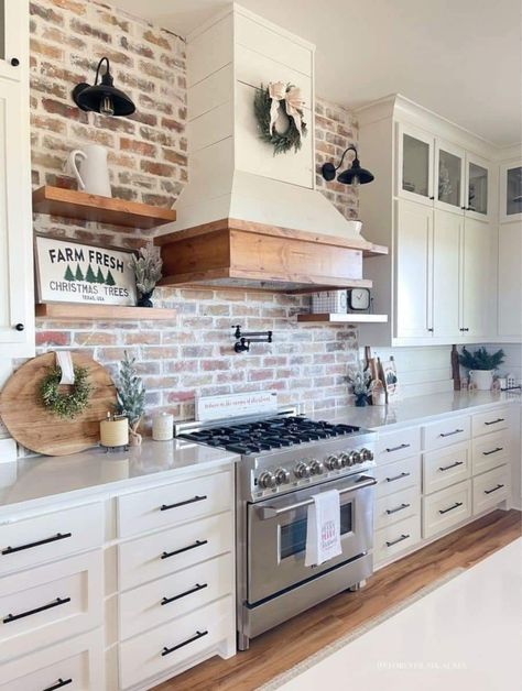 Farmhouse Kitchen Brick Backsplash, Kitchen Brick Backsplash, Kitchen Brick, Brick Backsplash Kitchen, Farmhouse Kitchen Backsplash, Brick Kitchen, Brick Backsplash, Kitchen Range Hood, New House - Kitchen