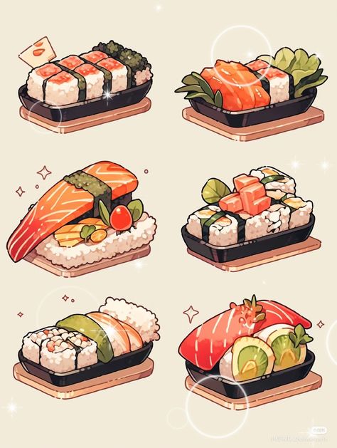 Sushi Sketch Drawings, Ghibli Food Art, Sushi Reference, Sushi Drawings, Ghibli Food, Sushi Illustration, Sushi Drawing, Japan Street Food, Japanese Food Illustration