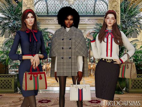 Prep Collection | Bergdorfverse on Patreon Sims 4 Gucci, Gucci Clothing, Mid Heel Ankle Boots, Wool Cape Coat, Gucci Outfits, Sims 4 Mods Clothes, Wool Cape, Cotton Poplin Shirt, Cape Coat