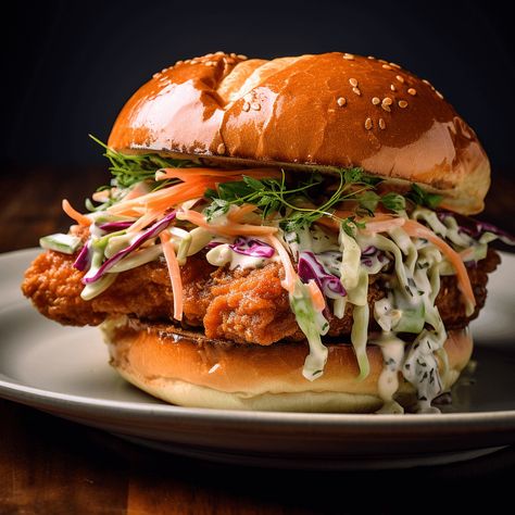 Teriyaki Fried Chicken Sandwich with Shiso Slaw Recipe Teriyaki Fried Chicken, Japanese Slaw Recipe, Teriyaki Chicken Sandwich, Marinated Cod, Ginger Slaw, Tangy Slaw, Gourmet Burgers Recipes, Fried Chicken Sandwiches, Burgers Recipes