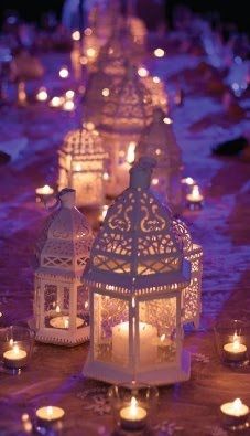 Moroccan lanterns cast a lovely glow here, this table really sparkles with all the lit votives. Love! Moroccan Candles, Arabian Wedding, Arabian Nights Party, Moroccan Lanterns, Moroccan Wedding, Bohol, Arabian Nights, White Party, Moroccan Style