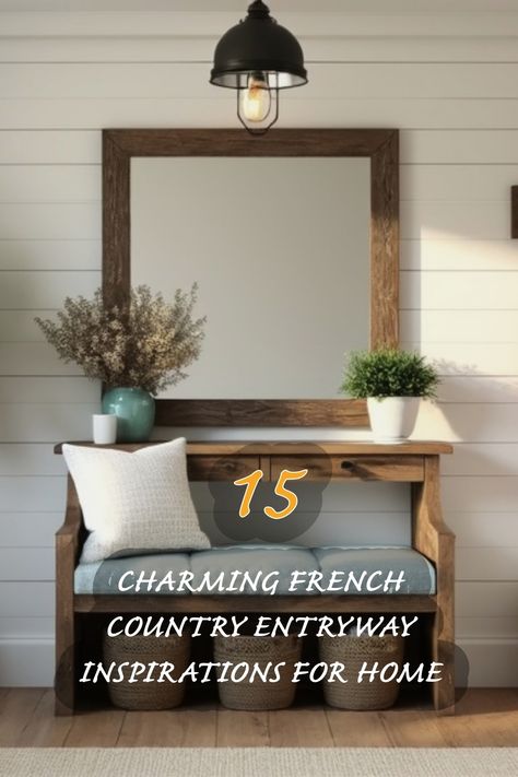 I'm in love with this cozy entryway design! The rustic wooden bench paired with soft cushions brings warmth and style. The mirror reflects light beautifully, while the greenery adds a fresh touch. This look perfectly encapsulates the charming essence of French country decor, making every arrival feel special. French Provincial Entryway, Country Entryway Ideas, French Country Entryway Ideas, Entryway With Bench, French Country Entryway, Entryway Ideas With Bench, Country Entryway, Cozy Entryway, Cottage Entryway