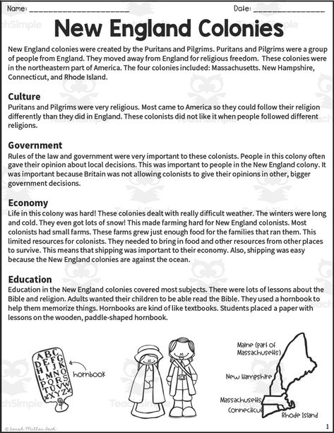 This resource is a New England Colonies Reading Packet.This is a great no prep resource that all you have to do is print and go!Students will love learning history as they read an informative passage and apply vocabulary terms.Worksheets included such as multiple-choice questions and graphic organizers will allow them to show what they know.These work well for social studies or reading instruction.Answer keys included. Social History Of England, New England Colonies Activities, 3rd Grade History, 13 Colonies Projects, Usa Geography, Social Studies Printables, School Year Themes, Learning History, Colonial Life