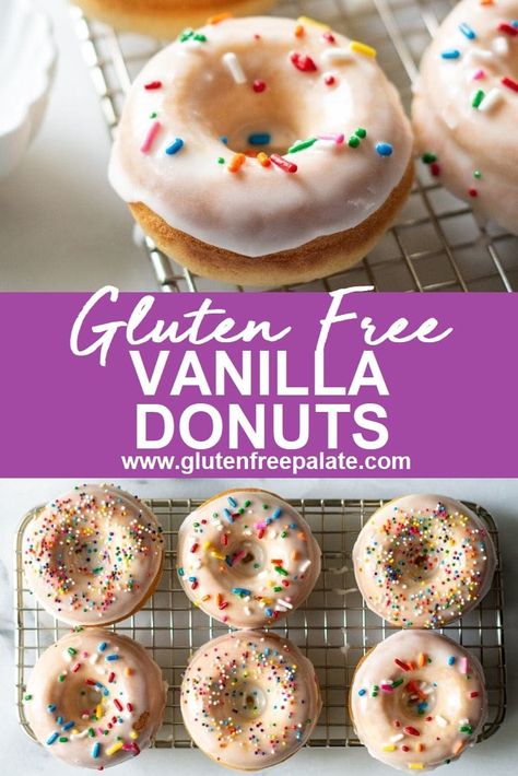 Gluten Free Baked Donut Recipe, Vegan Gluten Free Donuts, Gluten Free Donuts Baked, Gluten Free Donut Recipe, Donuts With Sprinkles, Gluten Free Doughnuts, Gluten Free Vanilla Cake, Sweet Glaze, Gluten Free Gingerbread