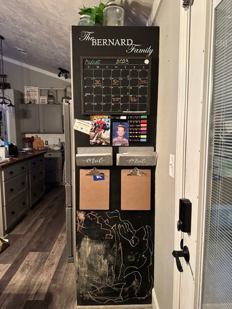 Command center, mail, metal, magnetic, calendar, chalkboard Chalkboard Wall Command Center, Blackboard Wall Ideas, Fridge Command Center, Kitchen Command Center Wall, Chalkboard Command Center, Family Wall Ideas, Family Command Center Wall, Chalkboard Wall Kitchen, Command Center Wall