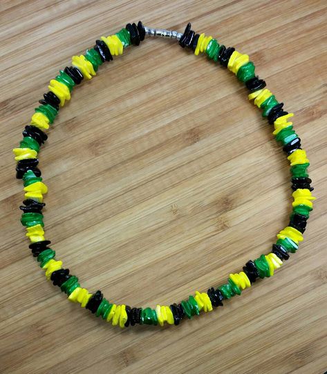 Rasta Necklace, Puka Necklace, Hawaiian Necklace, Jamaican Flag, Hematite Jewelry, Necklace Shell, Puka Shell Necklace, Beach Necklace, Green Beaded Necklace