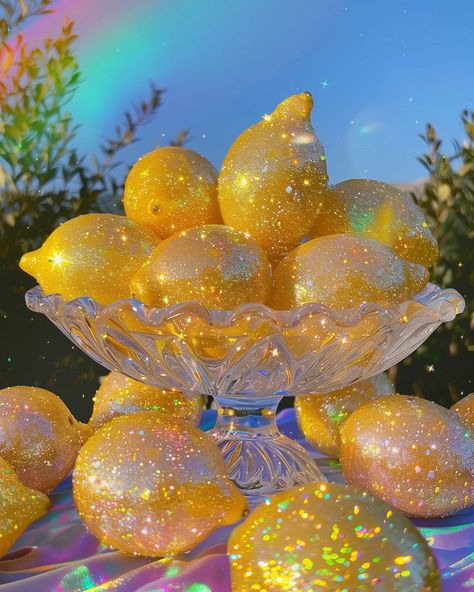 Yₒᵤ’ᵣₑ ₛᵢₘₚₗy ₜₕₑ zₑₛₜ! 🍋 #lemon #lemons #yellow #Glitter #GlitterArt #glitterlemon #sparkle #IridescentArt #Iridescent #IridescentAIArt #rainbow #reflection #artgram #aesthetic #ａｅｓｔｈｅｔｉｃ Rainbow Reflection, Colorful Desserts, Fantasy Food, Yellow Glitter, Fruit Wallpaper, Glitter Art, Rainbow Aesthetic, Valentines Art, Futuristic Art