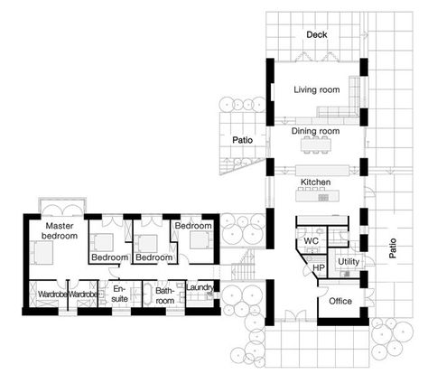 L-shaped house - love the separate WIRs for his and hers L Shaped House Plans, Simple Floor Plans, L Shaped House, Bungalow Floor Plans, Kitchen Layout Plans, Kitchen Floor Plans, House Plans One Story, Building A Container Home, Container Architecture