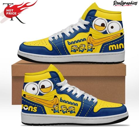 Banana Minions Air Jordan 1 Hightop Sneaker Boots Check more at https://www.reallgraphics.com/product/banana-minions-air-jordan-1-hightop-sneaker-boots Minions Characters, Minion Characters, Hightop Sneakers, Yellow Shoes, Nike Swoosh, Suede Material, Yellow And Blue, Sneaker Collection, Trendy Shoes