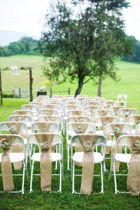 burlap and baby's breath wedding chair decor  #wedding #weddingideas #countryweddings #rosesandrings Wedding Ceremony Chairs, Burlap Wedding Decorations, Rustic Burlap Wedding, Wedding Ceremony Decorations Outdoor, Diy Outdoor Weddings, Wedding Ceremony Ideas, Ceremony Chairs, Wedding Chair Decorations, Rustic Outdoor Wedding