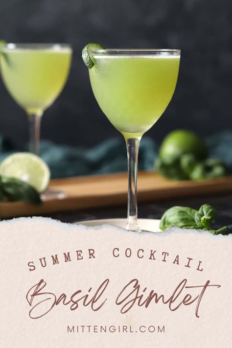 Made with fresh basil and lime, this basil gimlet gin cocktail is a twist on the classic gin cocktail. It’s the perfect spring and summer drink! Basil Gimlet Recipe, Basil Drinks Cocktails, Cocktails With Basil, Basil Gin Cocktail, Gin Gimlet Recipe, Summer Gin Cocktails, 2024 Cocktails, Gin Cocktails Summer, Lime Cocktails