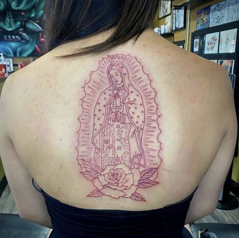 Back Tattoo Virgin Mary, Virgencita Back Tattoo, Virgencita Tattoo Women, Virgin Mary Back Tattoo Women, Virgen Mary Tattoo For Women, Mexican Tattoos For Women, Mary Back Tattoo, Our Lady Of Guadalupe Tattoo, Hispanic Tattoos For Women