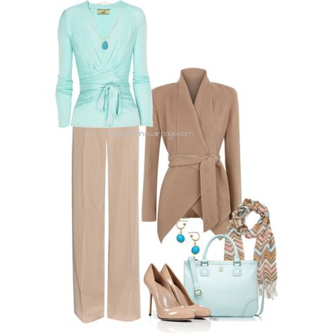 "No. 962 - Camel and Turquoise" by elke-koscher - #WorkWear Turquoise Shirt Outfit, Turquoise Shirt, Classy Girls Wear Pearls, Ladies Office, Drape Jacket, Pink Pants, Business Outfits, Office Outfits, Summer Shirts