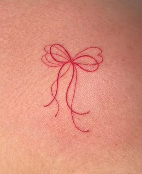 Red Sparkle Tattoo, Ribbon Tattoos Bow, Red Tattoo Ideas Female, Asthetic Tattoos Woman, Red Minimalist Tattoo, Minimalist Red Tattoo, Tattoo Bow, Pink Bow Tattoos, Bow Tattoos