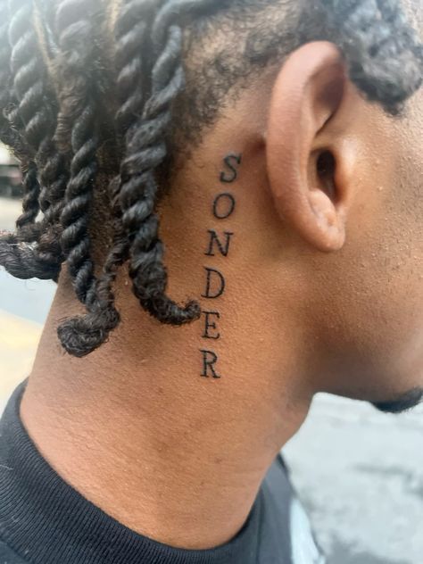 Sonder Behind Ear Tattoo, Sonder Tattoo Behind Ear, Sounder Tattoo, Sholdertatoos Man, Name Tattoo Placement Men, Sonder Drawing, Smaller Tattoos For Men, Rod Wave Lyric Tattoo Ideas, Small Male Tattoos Men