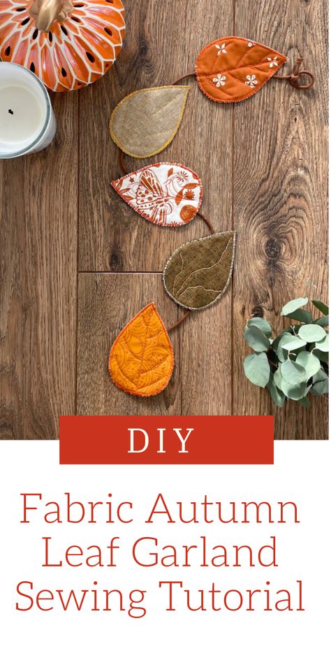 Add a touch of texture and pattern to your Fall and Autumn decor with this simple leaf garland. Learn how to make one with our free Fabric Leaf Sewing Pattern. This project is a great one to make with fabric scraps that you may have leftover from another Autumn sewing project. Sew Fall Garland, Autumn Bunting Ideas, Diy Felt Fall Leaf Garland, Fabric Leaf Wreath, Autumn Fabric Crafts, Fabric Leaf Diy, Fall Scrap Fabric Crafts, Fabric Leaf Garland, Fall Sewing Projects To Sell