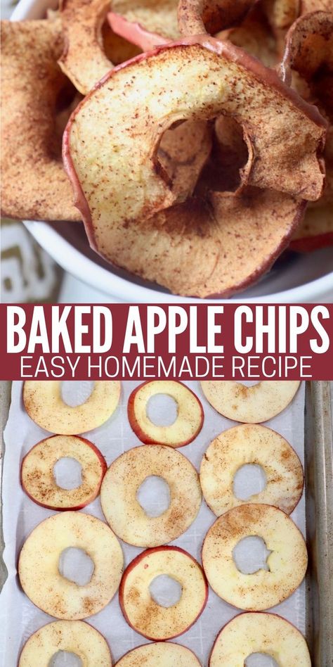 baked apple slices in bowl and slices of apple on baking sheet Homemade Apple Chips, Baked Apple Chips, Cinnamon Apple Chips Baked, Dried Apple Chips, Oven Baked Apple, Apple Chips Recipe, Apple Treats, Dehydrated Apples, Cinnamon Apple Chips