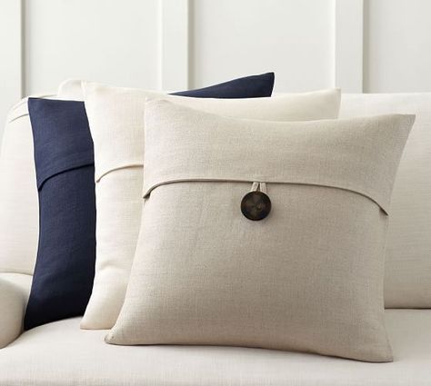 Buttons On Pillows, Pillow Cover With Buttons, Beige And Navy Pillows, Linnen Pillows, Pottery Barn Pillow, Pottery Barn Pillow Cover, Simple Pillow, Navy Pillow, Barn Christmas