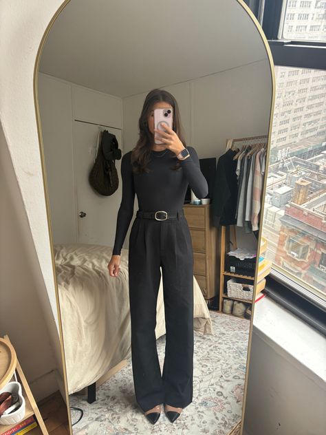 Business casual, black trousers, black bodysuit, pointed toe flats, fall work outfit, petite fashion, monochromatic, all black, Black Flats Work Outfit, Black Trousers Work Outfit, Black Bodysuit Work Outfit, Business Casual Outfits Flats, Fitted Wide Leg Black Work Pants, Black Flat Front Dress Pants For Business Casual, Black Flare Bottoms For Business Casual, Black Flat Front Dress Pants For Office, Black Flat Front Business Pants