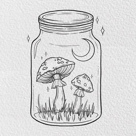 Two mushrooms in a jar with the moon cute art for a tattoo Easy Drawings Fairycore, Fairy Design Drawing, Flowers In Jars Drawing, Mushroom Terrarium Drawing, Mushroom Art Sketch, Cottagecore Drawing Aesthetic, Fairy Doodle Aesthetic, Mushroom Drawing Fairy, Magic Jar Drawing