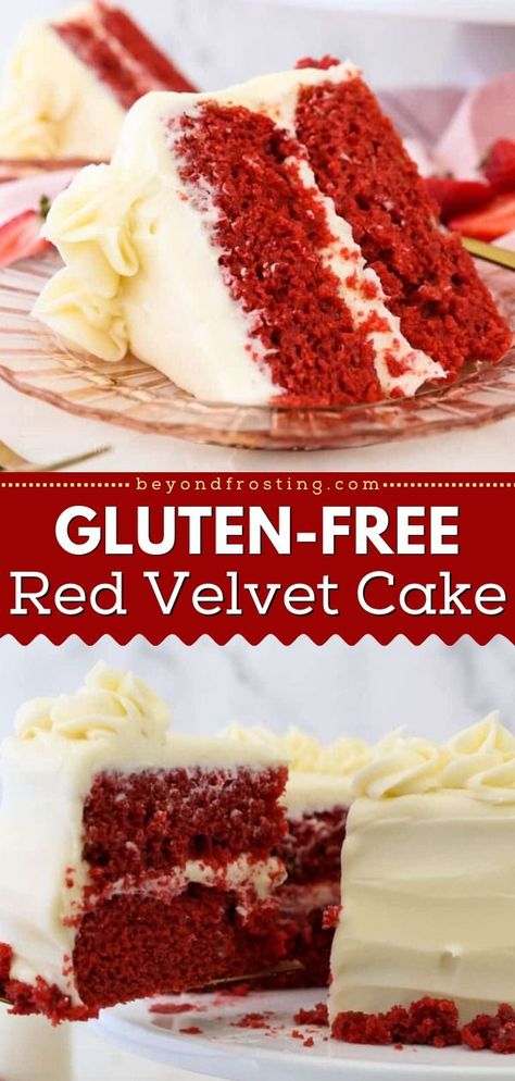 Try this gluten-free red velvet cake recipe! Topped with cream cheese frosting, this layer cake is a decadent gluten-free dessert. This easy Valentine's Day treat is also great for other special occasions! Gluten Free Red Velvet Cake Recipe, Gluten Free Red Velvet Cake, Moist Red Velvet Cake, Gluten Free Red Velvet, Gluten Free Valentines, Bolo Red Velvet, Gluten Free Cake Recipe, Red Velvet Cake Recipe, Easy Gluten Free Desserts