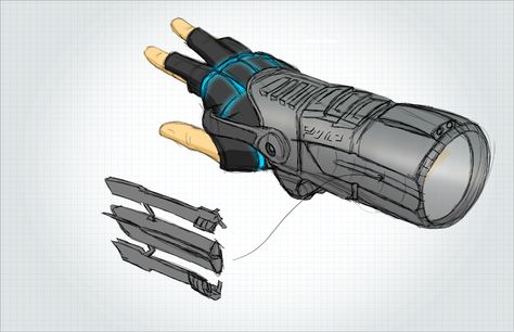 Telescoping arm gauntlet with ejectable grappling hook Futuristic Gauntlet, Scifi Gauntlet, Cyberpunk Hand, Scifi Gauntlet Concept Art, Cybernetic Gauntlet, Arm Gauntlet, Steel Gauntlets, Grappling Hook, Gadgets Technology