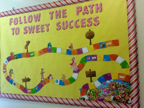 Counseling Candy Land bulletin board with tips for a successful school year. Candy School Theme, Candy Land Bulletin Board Ideas, Candy Themed Bulletin Boards, Candy Land School Theme, Candyland School Theme, Candy Land Bulletin Board, Candy Land Classroom Theme, Candyland Bulletin Board, Candyland Bulletin Board Ideas