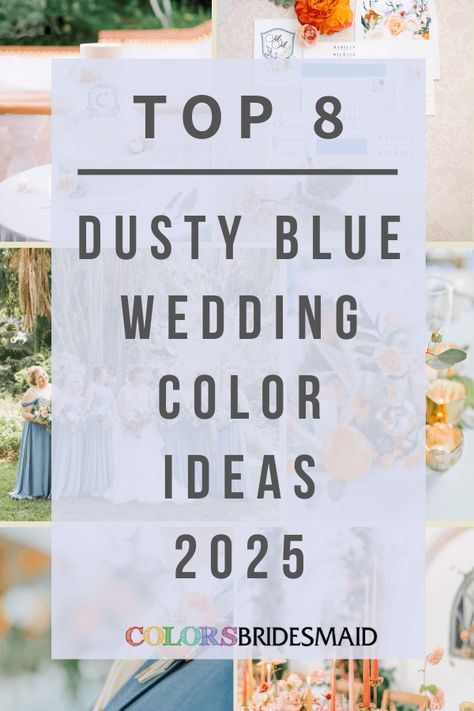 Dusty blue and white for dusty blue wedding colors for 2025, dusty blue bridesmaid dresses, white bridal gown, white flowers and greenery of bouquets, white and dusty blue wedding cake, wedding invitation suite, wedding favors. Baby Blue Wedding Theme Color Combos, Dusty Blue Color Combination, Dusty Blue Color Palette Wedding, Blue And Brown Wedding Theme, Dusty Blue Wedding Table Decor, Periwinkle Wedding Colors, Dusty Rose And Dusty Blue Wedding, Fall Blue Wedding Colors, Dusty Blue And Cranberry Wedding