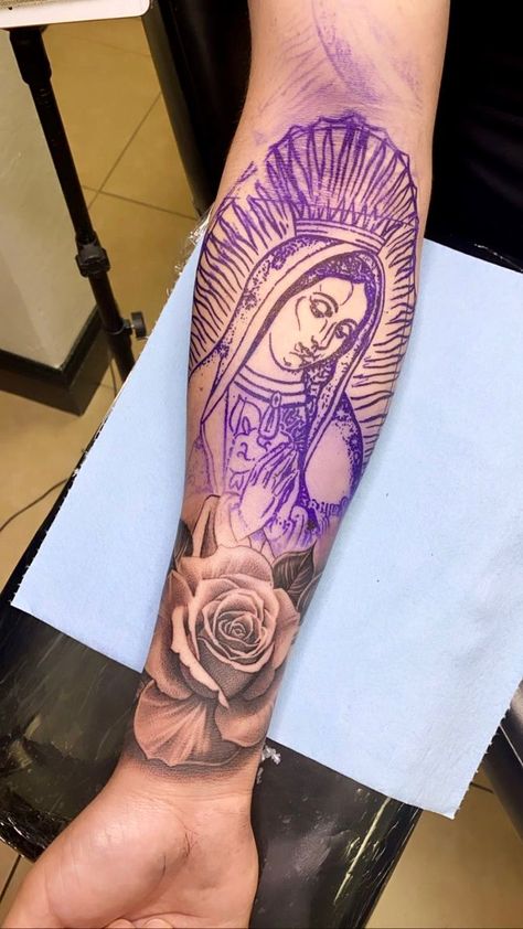 165+ Spectacular Virgin Mary Tattoos With Meaning (2022) - TattoosBoyGirl Virgen De Guadalupe Forearm Tattoo, Latin Artwork, Virgin Mary Tattoo For Women, Tattoo Arm Women, Rose Arm Tattoo, Virgin Mary Tattoos, Mary Tattoos, Mother Mary Tattoos, Side Hip Tattoos