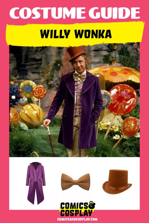 Classic Willy Wonka Costume Guide: DIY Gene Wilder Cosplay Costume Ideas Diy, Wonka Costume, Willy Wonka Costume, Gene Wilder, Purple Gloves, Diy Cosplay, Candy Man, Costume Guide, Orange Jumpsuit