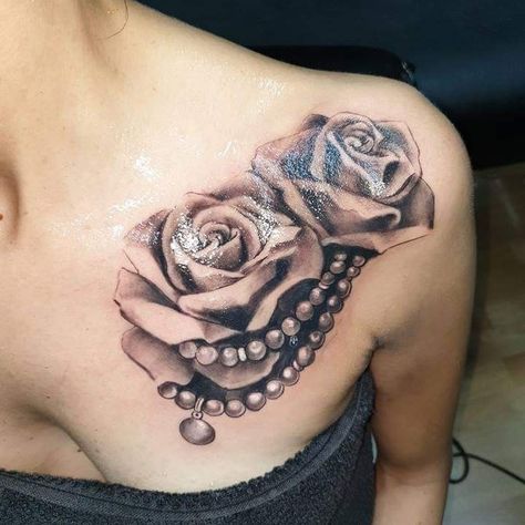 Rose With Pearls Tattoo Design, Rose On Chest Tattoo For Women, Rose Pearl Tattoo, Tattoo Cover Up Ideas For Women Chest, Pearl Tattoo Ideas, Valentines Tattoos, Pearls Tattoo, Scars Tattoo, Lace Tattoos