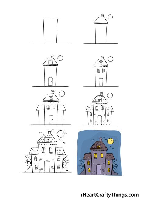 Easy House Drawing Step By Step, How To Draw A Haunted House Step By Step, How To Draw A Haunted House, Haunted House Doodle, Draw Haunted House, Spooky House Drawing, How To Draw A House, House Drawing Sketches, Draw A Haunted House